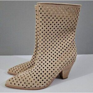 NEW Paige Layla Mid Calf Boot Womens 7 Tan Suede Perforated Pointed Toe Heeled